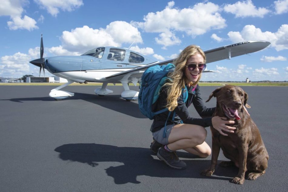A blue airplane with a woman and a dog.