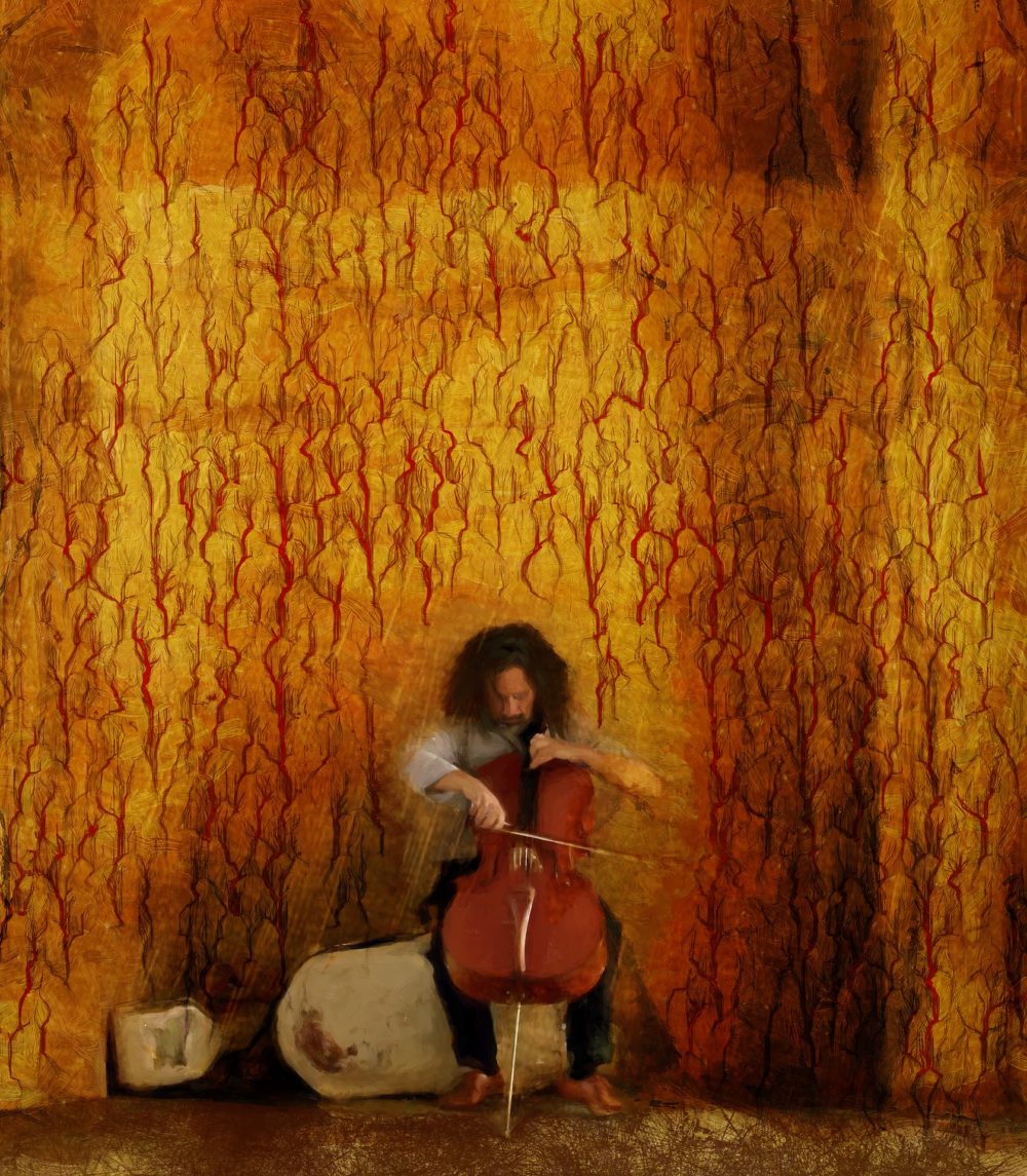 A man with cello painting.